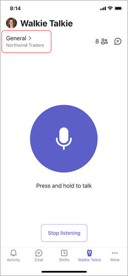 Pantalla walkie talkie, que muestra un canal seleccionado.
