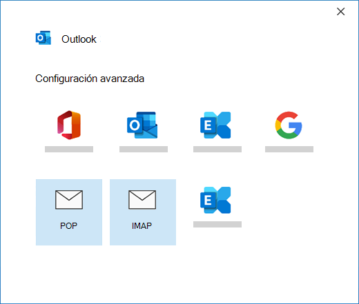 Seleccionar el tipo de cuenta al configurar manualmente una cuenta de correo en Outlook