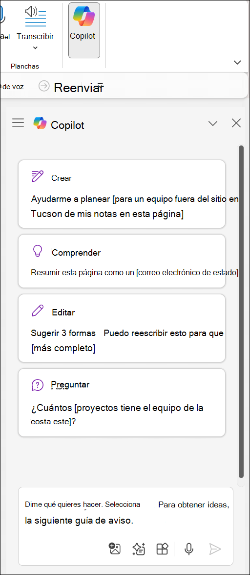 Panel de Copilot en OneNote a la derecha de la página.