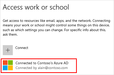 Captura de pantalla que muestra la ventana "Acceso profesional o educativo" con la cuenta "Conectado a (su organización) Azure AD" seleccionada