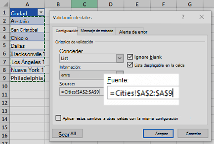 Opciones de lista de validación de datos