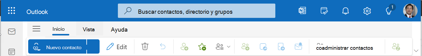 Puede crear, editar o eliminar contactos, o elegir otras opciones, con la barra de herramientas Personas.