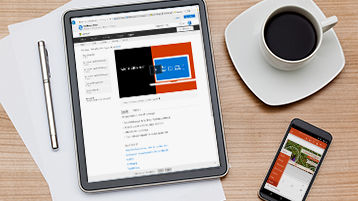 Tableta que muestra una página web de aprendizaje de Microsoft, una taza de café y un smartphone sobre un escritorio de madera