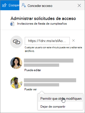 Captura de pantalla de la sección Uso compartido del panel de detalles de un archivo compartido.