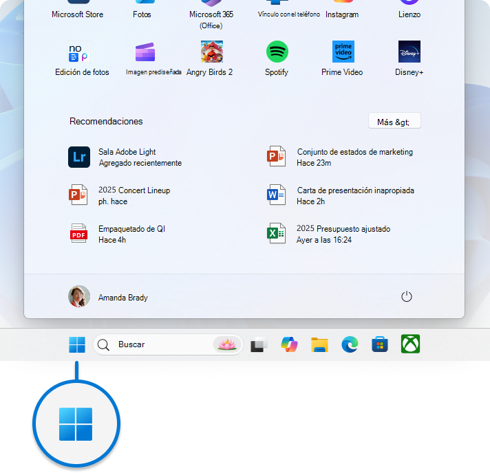 Captura de pantalla del menú Inicio expandida, con énfasis en el botón de la barra de tareas.