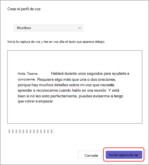 Inicie una captura de voz en la configuración de Teams.