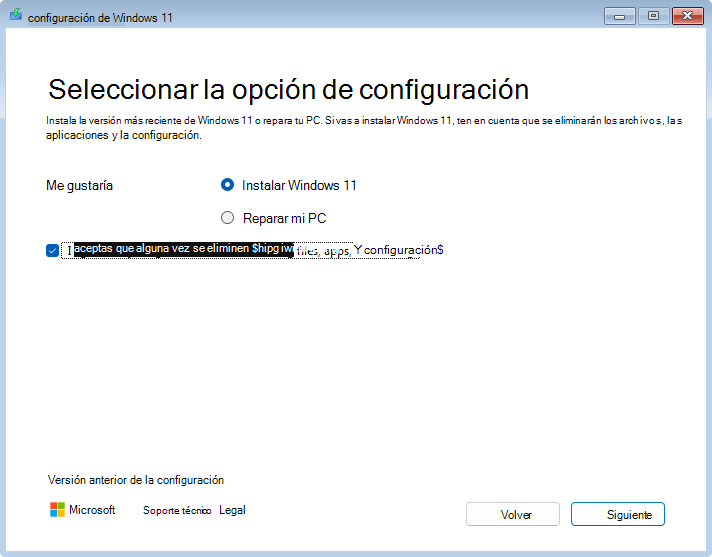 Captura de pantalla del programa de instalación de Windows 11 usando los medios de instalación.