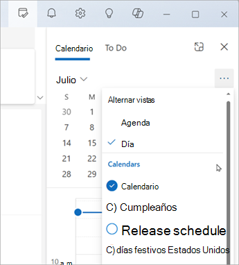 Seleccione Cambiar vistas para mostrar la vista Agenda o la vista Día. Aquí también puede elegir qué calendarios mostrar.