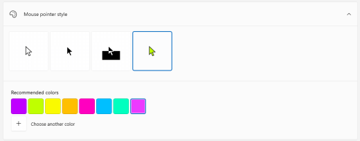 Opciones del puntero del mouse de Windows con el color personalizado seleccionado.