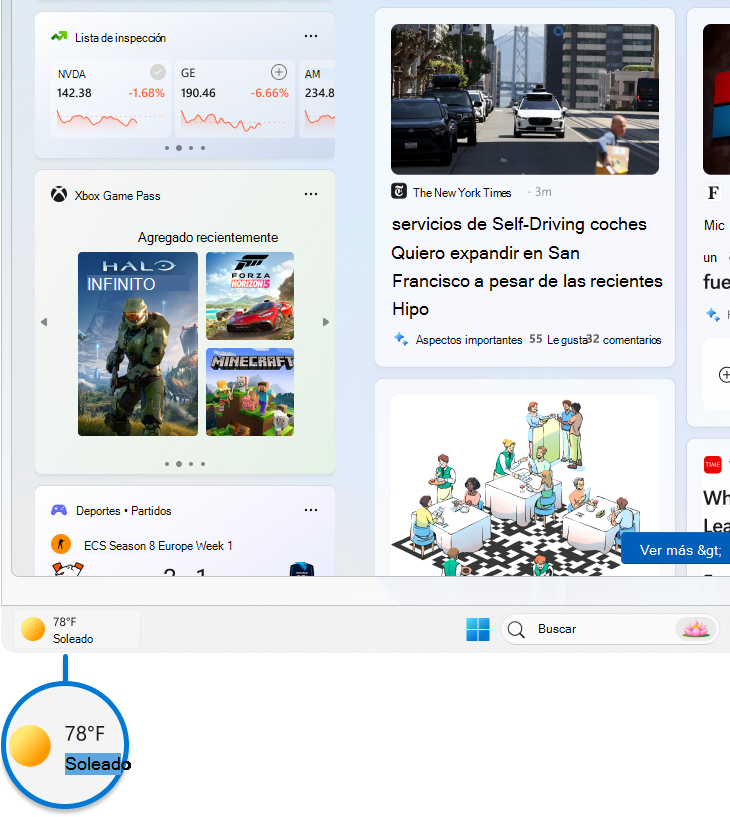 Captura de pantalla de Widgets, con énfasis en el icono de la barra de tareas.