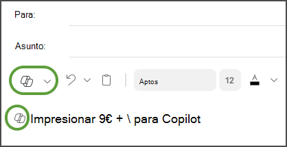 Opción de menú "Borrador con Copilot" en Outlook para Mac.