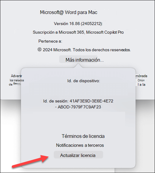 Buscar el botón Actualizar licencia en Microsoft Word en MacOS.