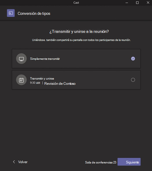 Una ventana emergente que le permite elegir si desea sólo transmitir o transmitir y unirse a una reunión.