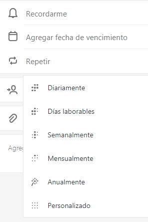 Repetir la selección con la opción para elegir diario, días laborables, semanal, mensual, anual o personalizado