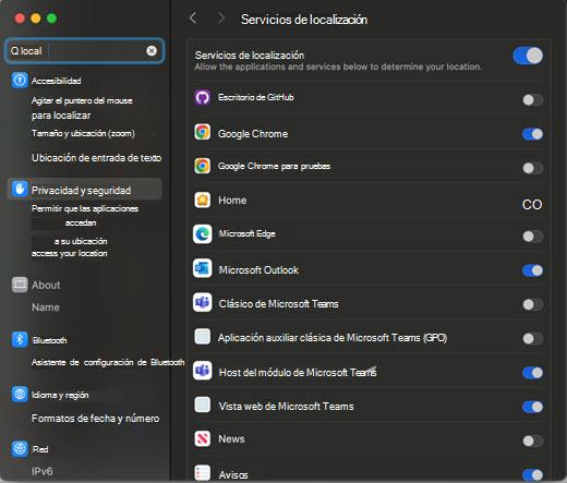 Pantalla de configuración de ubicación de Mac con servicios de ubicación y acceso a aplicaciones para los conmutadores de Windows, como Cámara, HP Smart, Correo y Calendario, Mapas y Microsoft Teams.
