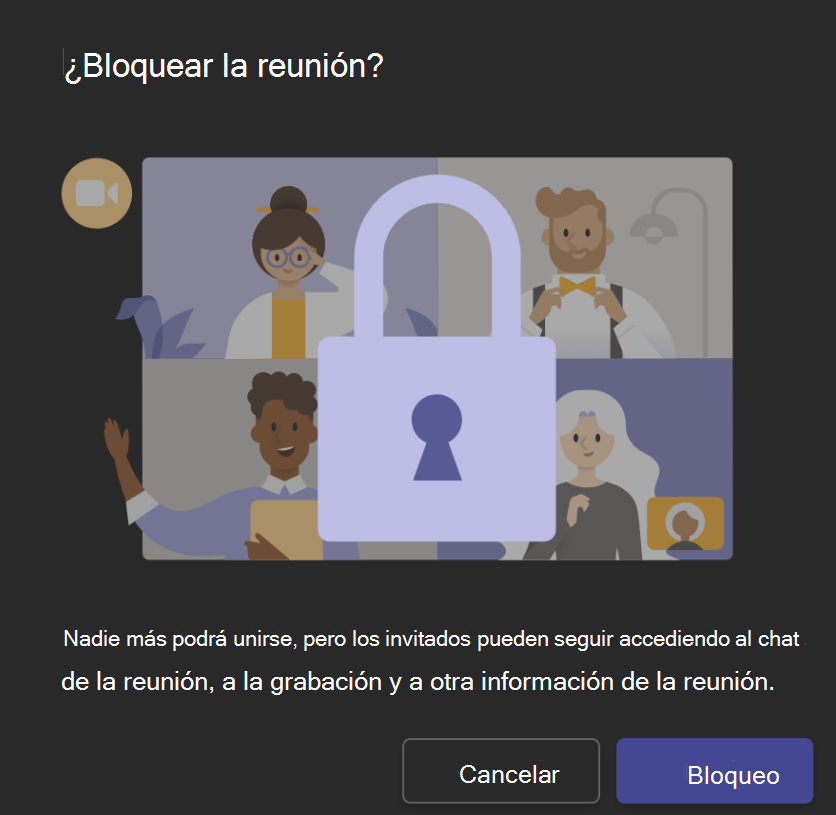 Imagen que muestra la pantalla de bloqueo de la reunión con el botón "Bloquear" en la parte inferior.