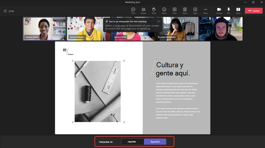 Una pantalla de videoconferencia muestra a cuatro participantes, con una opción de intérprete, y texto sobre cultura y personas.