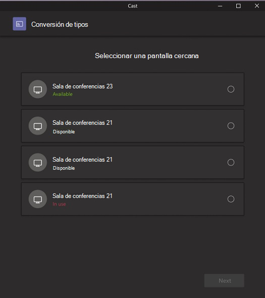 Una ventana emergente que enumera los dispositivos de sala disponibles a los que puede transmitir.