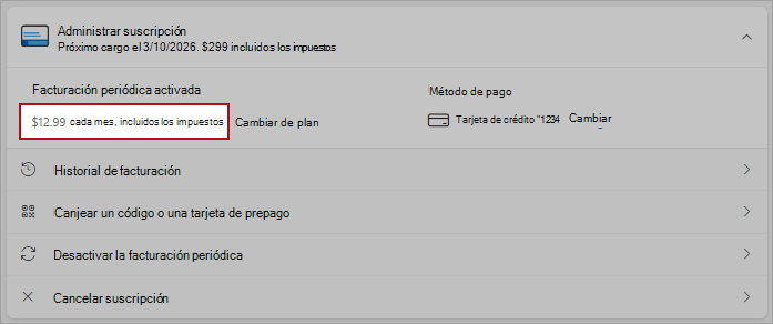 Captura de pantalla que muestra detalles de la opción cambiar de plan en las opciones de facturación periódica.