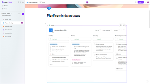 Muestra la aplicación Loop con un componente Planner que es un plan de proyecto.