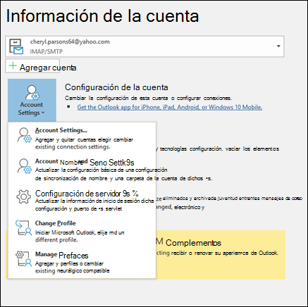 Tiene varios tipos de configuración de cuenta que puede cambiar en Outlook.