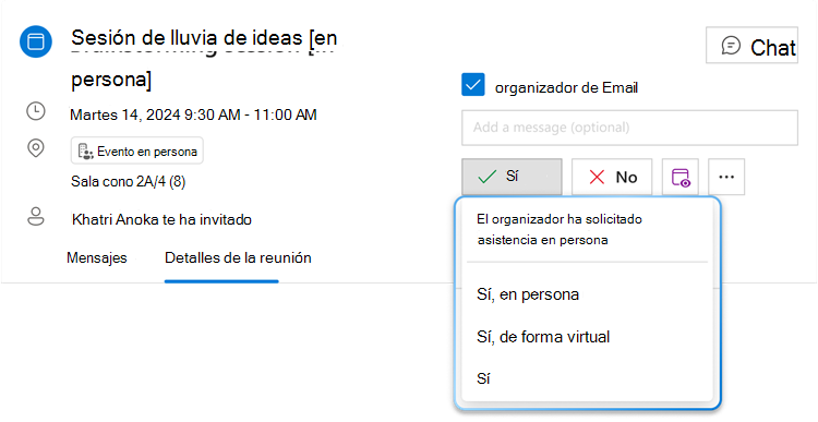 La imagen muestra el botón de menú RSVP híbrido para Sí con su lista desplegable expandida, donde se pueden ver tres opciones diferentes: "Sí, en persona", "Sí, virtualmente" y "Sí".