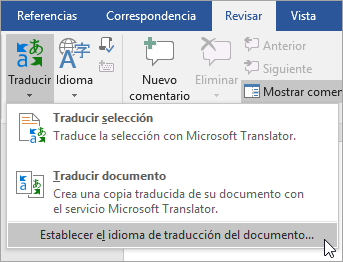 Se muestra Establecer idioma de traducción de documentos en el menú theTranslate 