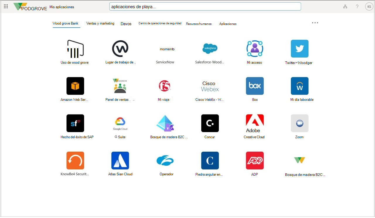 Página de aplicaciones en el portal Mis aplicaciones
