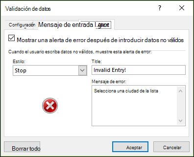 Opciones del mensaje de error desplegable de la validación de datos