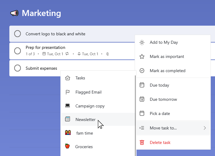 Lista de marketing con la tarea convertir el logotipo en blanco y negro seleccionado y el menú contextual abierto. Se selecciona mover tarea a y lista de boletines.