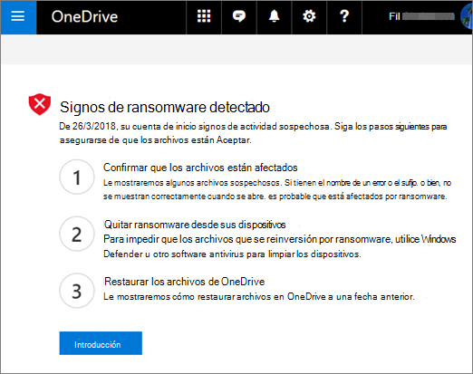 Captura de pantalla de la pantalla Signos de ransomware detectado en el sitio web de OneDrive