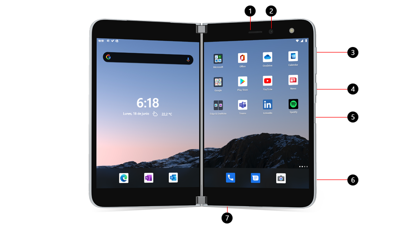 Surface Duo con llamadas para botones y puertos