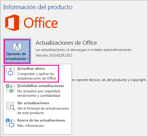 Buscando actualizaciones para Office de forma manual en Word 2016