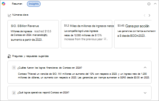 Muestra los números clave y preguntas y respuestas que verá si selecciona la pestaña "Insight" en el resumen de Word.