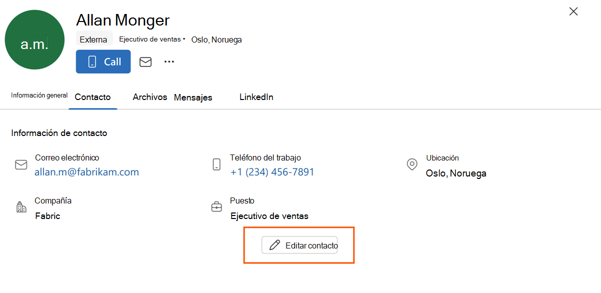 Captura de pantalla que muestra un contacto con el resaltado en el botón Editar contacto