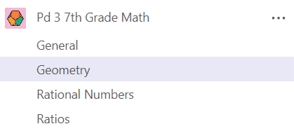 Un canal llamado "Pd 3 7mo grado de matemáticas" tiene los canales General, Geometría, Números racionales y Porcentajes.
