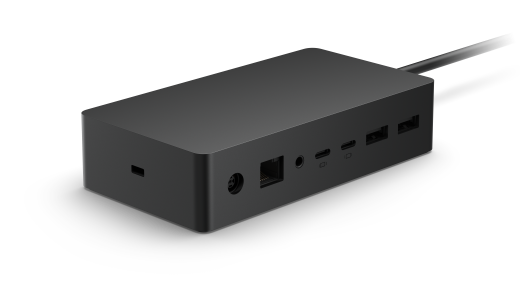 Muestra Surface Dock 2 con bloqueo de seguridad, alimentación, Ethernet, audio y puertos USB