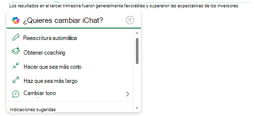 Parte del texto de un mensaje de correo electrónico seleccionado y el menú Copilot se expandió para mostrar opciones sobre lo que puede hacer con ese texto.