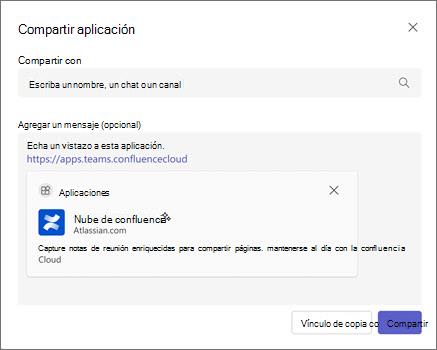 Captura de pantalla que muestra la ventana de uso compartido de aplicaciones con un campo para compartir con una persona, grupo o canal, y la opción de copiar el vínculo de la aplicación.