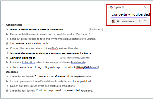 Recorte de pantalla que muestra un cuadro de texto y el usuario escribe una indicación para reescribir el contenido. La indicación es "Convierte esto en una tabla".