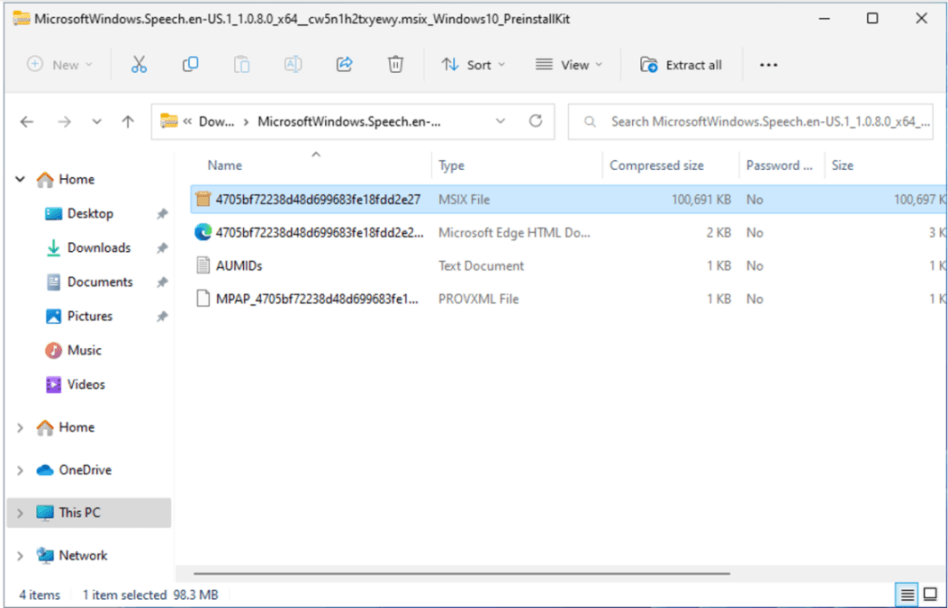 Archivo MSIX seleccionado en la carpeta comprimida
