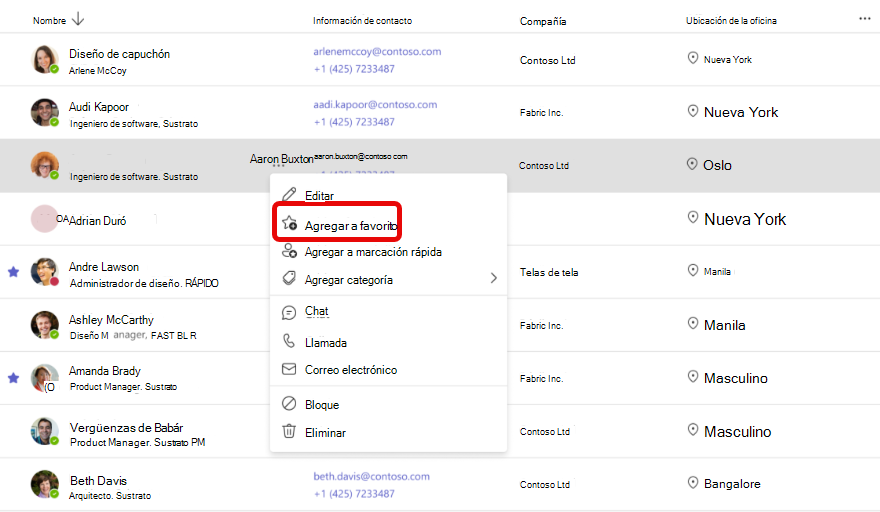 Captura de pantalla de agregar a favoritos en la aplicación Contactos en Teams