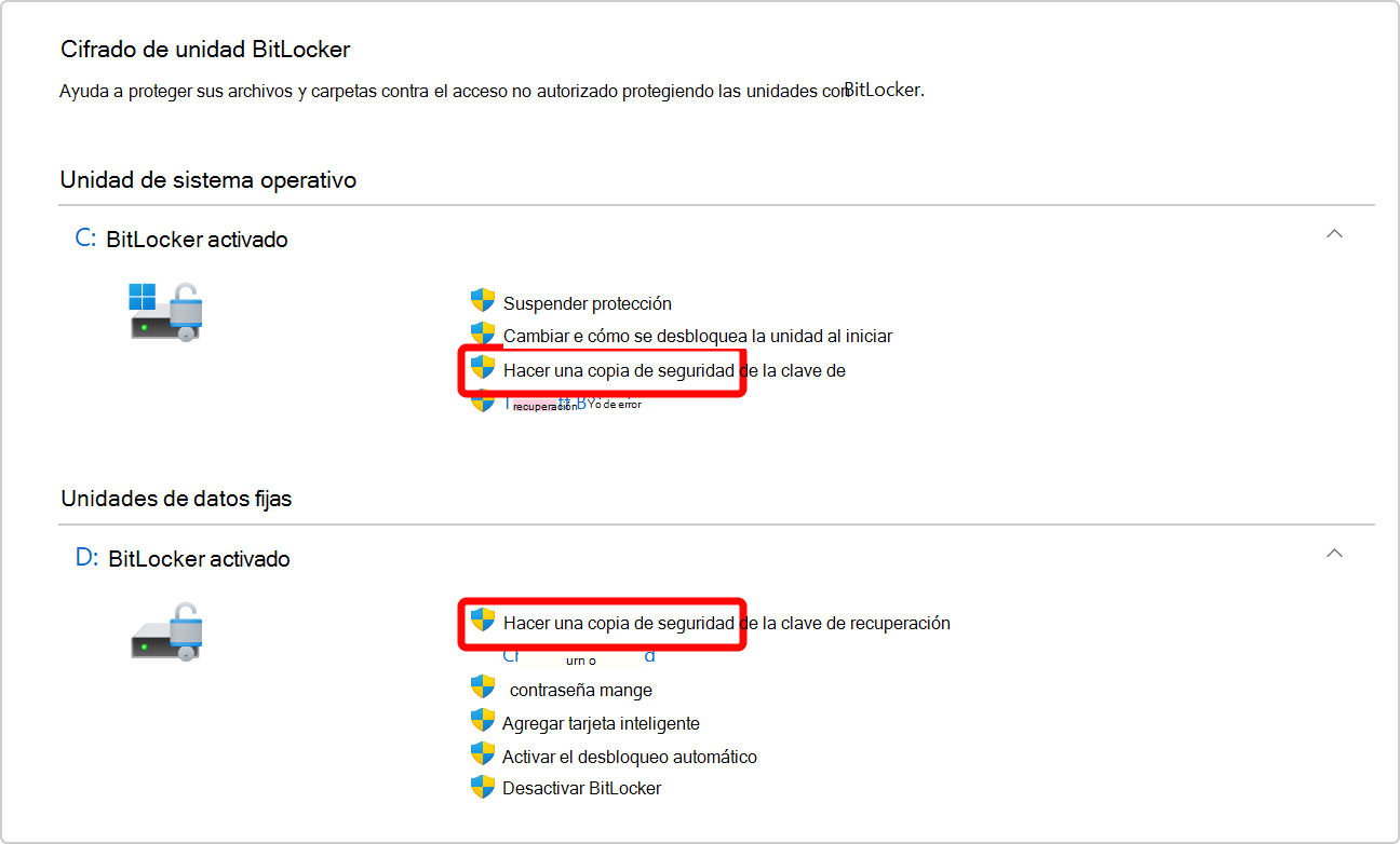 Captura de pantalla de la Panel de control que muestra la opción de hacer una copia de seguridad de la clave de recuperación de BitLocker tanto en la unidad del sistema operativo como en una unidad de datos.