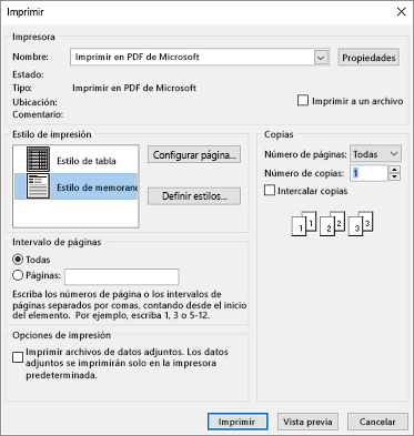 Opciones de impresora del cuadro de diálogo de impresión de Outlook