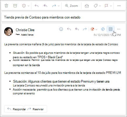 El icono Aplicaciones en la barra de acciones de un mensaje en Outlook en la Web y en el nuevo Outlook para Windows.