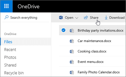 Captura de pantalla de un archivo seleccionado y del botón Compartir de OneDrive.