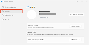 Captura de pantalla que muestra la pestaña Cuenta en la configuración de OneDrive.