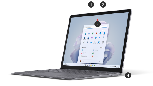 Muestra la parte frontal de Surface Laptop 5, con globos para las características incluidas.