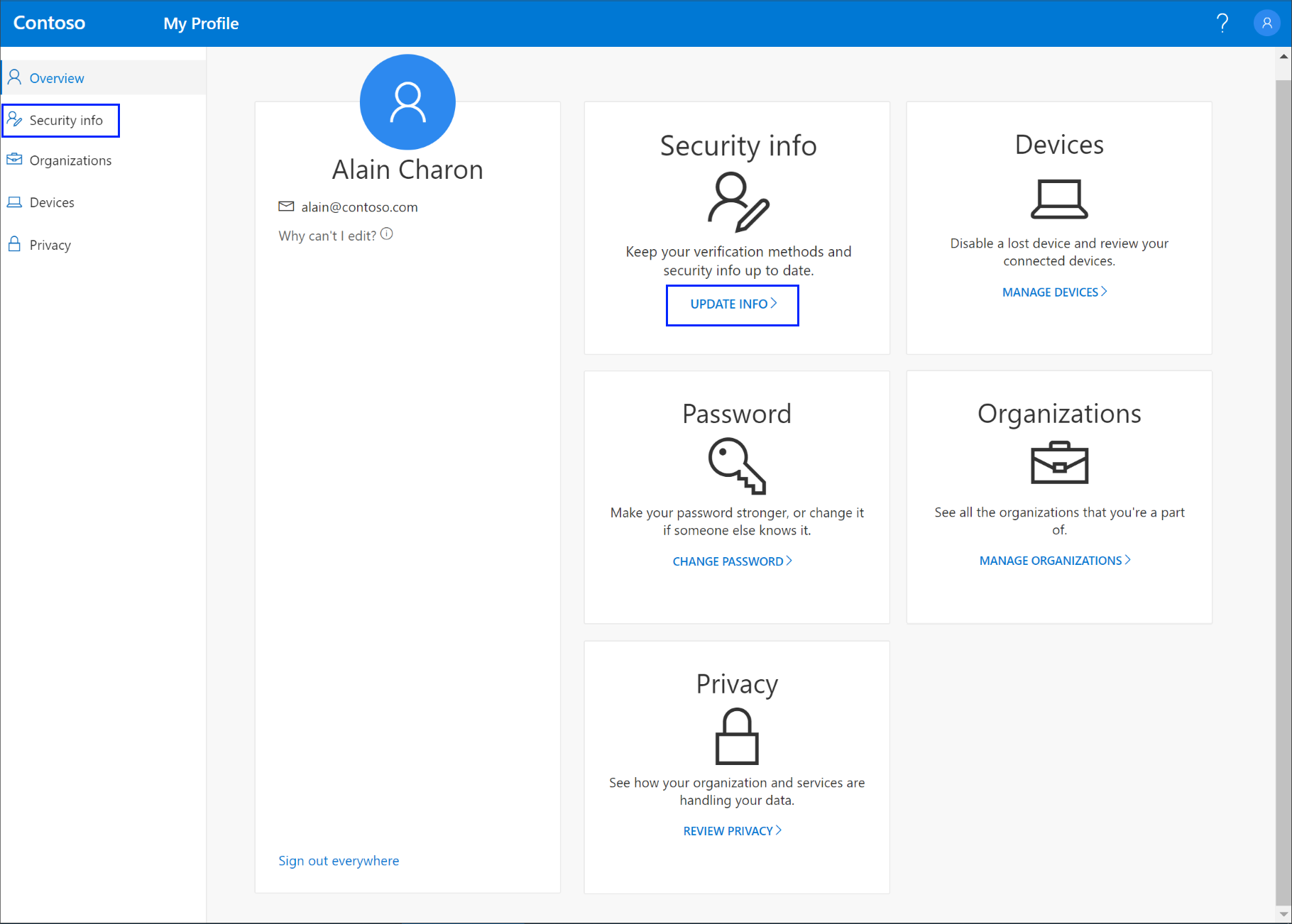 Página Mi Perfil, que muestra los vínculos de Información de seguridad resaltados