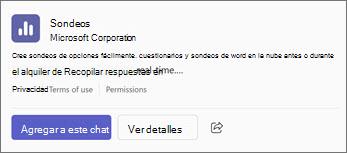 Captura de pantalla que muestra cómo aparecerá una aplicación compartida en un chat, con la opción de agregar la aplicación al chat.